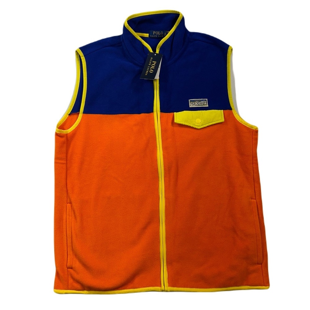 Polo Ralph Lauren Brushed Fleece Vest Men Medium Orange Blue Colorblock $168 NEW
